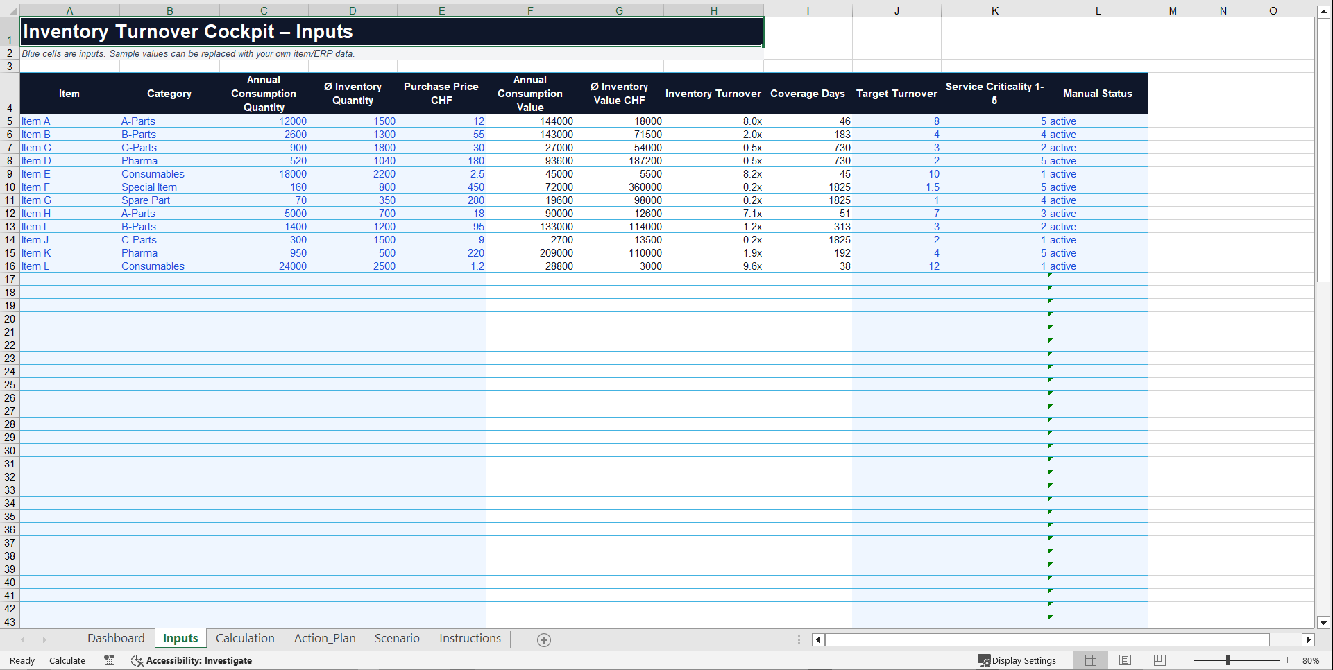 Inventory Turnover Optimization Cockpit (Excel template (XLSX)) Preview Image