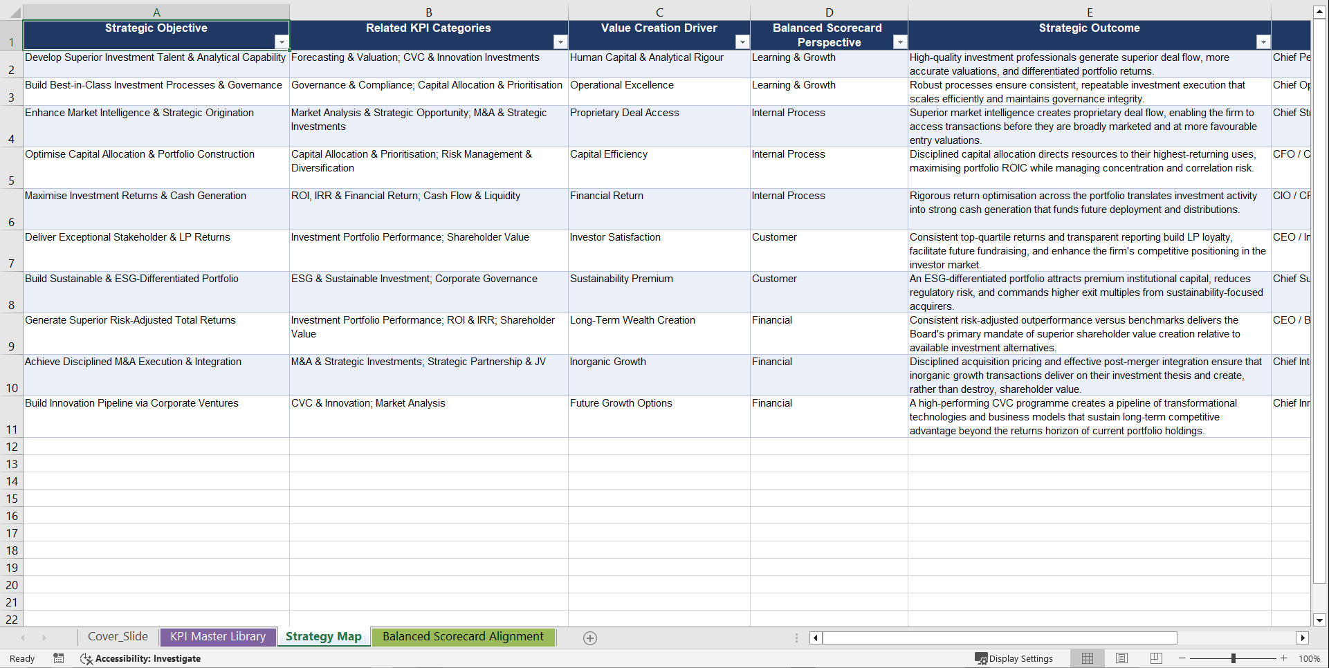 Corporate Investment Strategy KPIs & Benchmarks (Excel template (XLSX)) Preview Image
