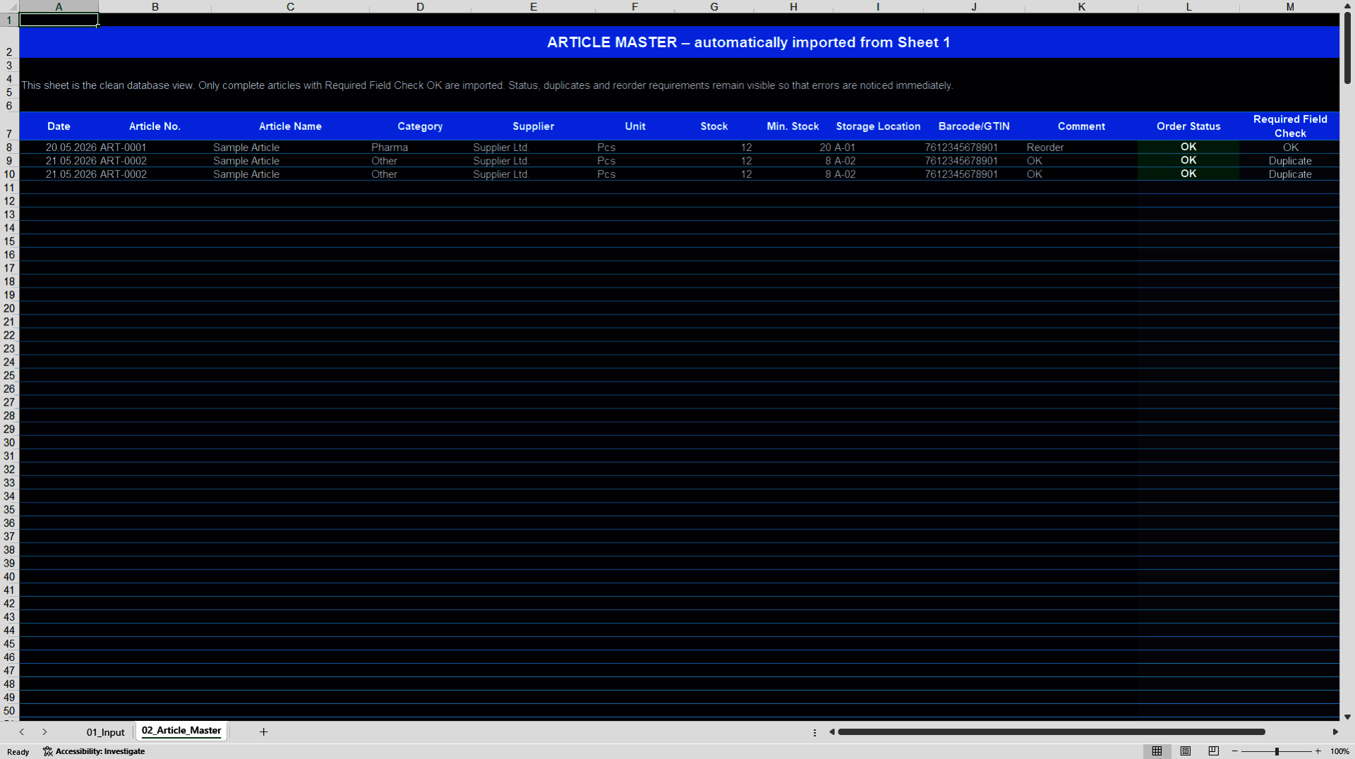 Automated Article Master & Inventory Entry Tool (Excel template (XLSX)) Preview Image