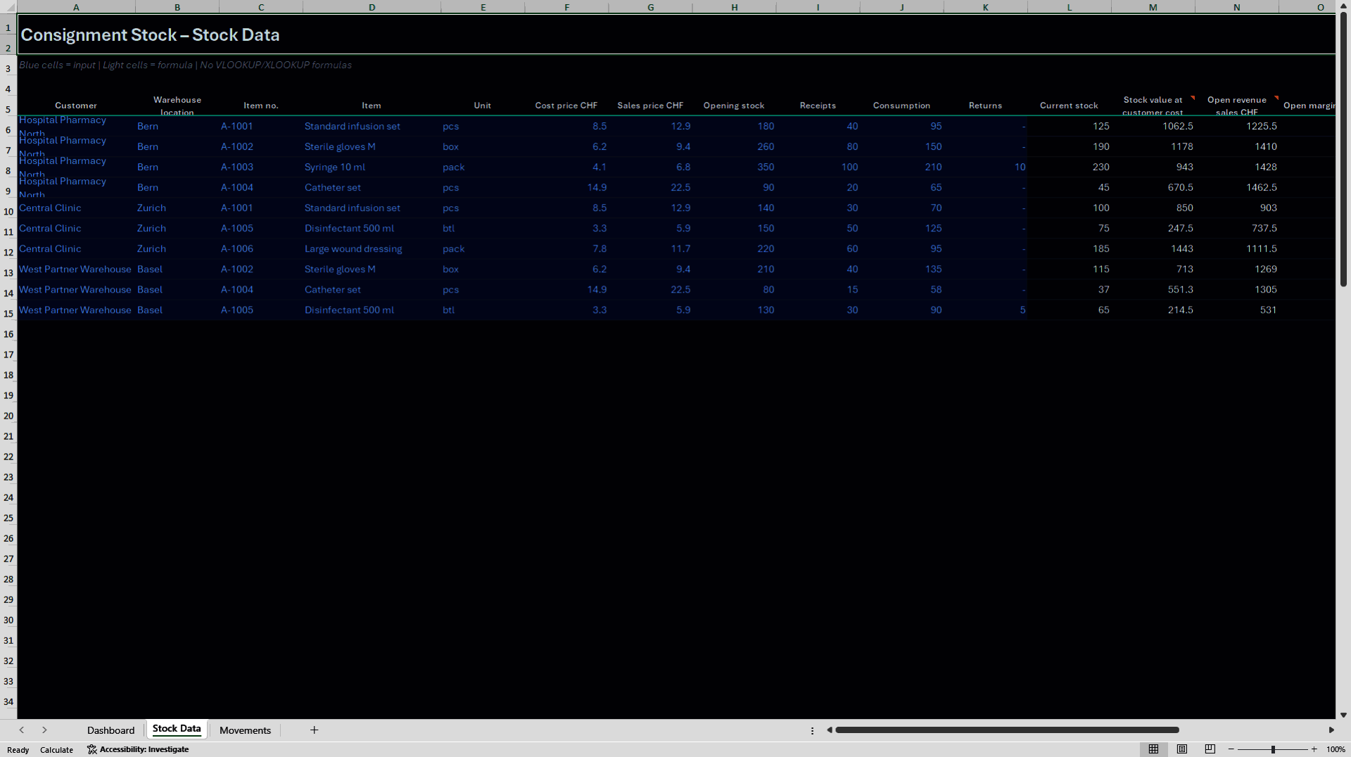 Consignment Stock Management Board in Dark Mode (Excel template (XLSX)) Preview Image