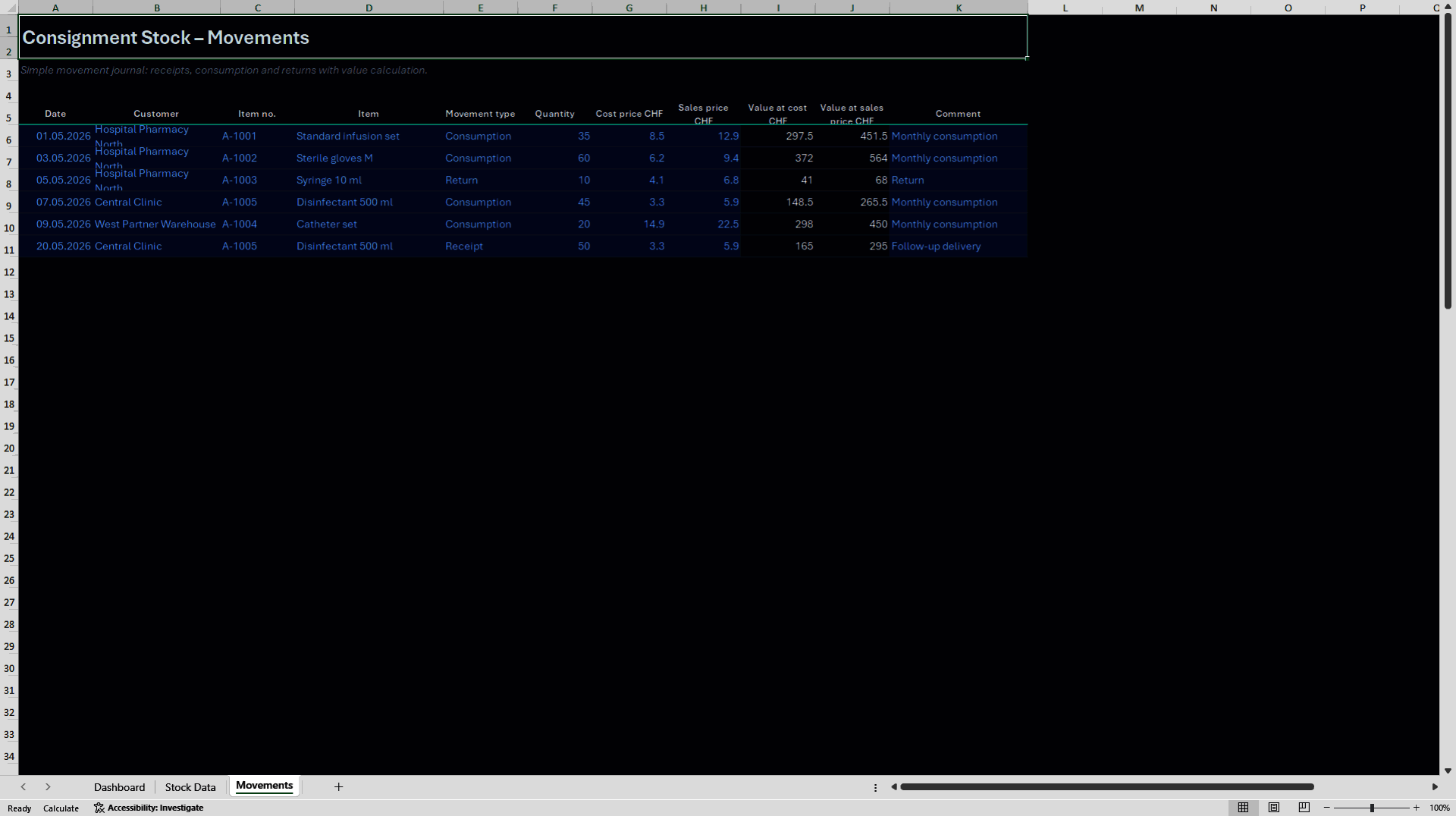 Consignment Stock Management Board in Dark Mode (Excel template (XLSX)) Preview Image