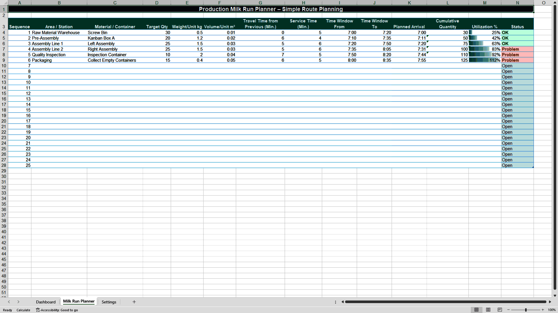 Production Milk Run Logistics and Route Planner (Excel template (XLSX)) Preview Image