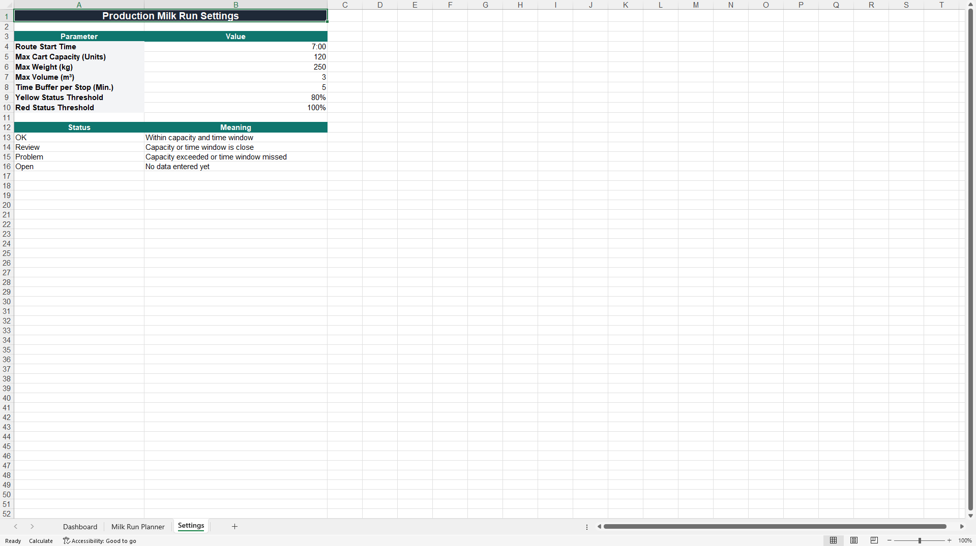 Production Milk Run Logistics and Route Planner (Excel template (XLSX)) Preview Image