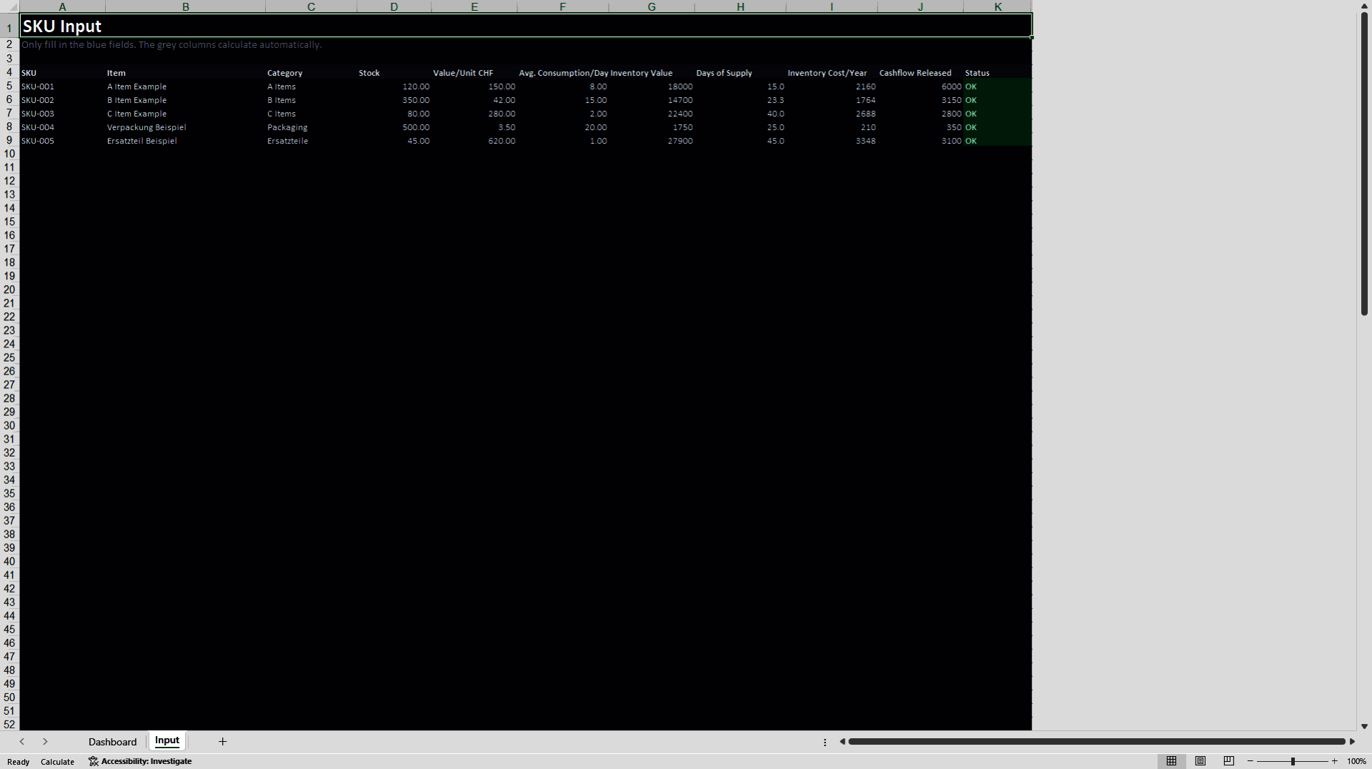 Capital Tied Up and Inventory Carrying Cost Dashboard (Excel template (XLSX)) Preview Image