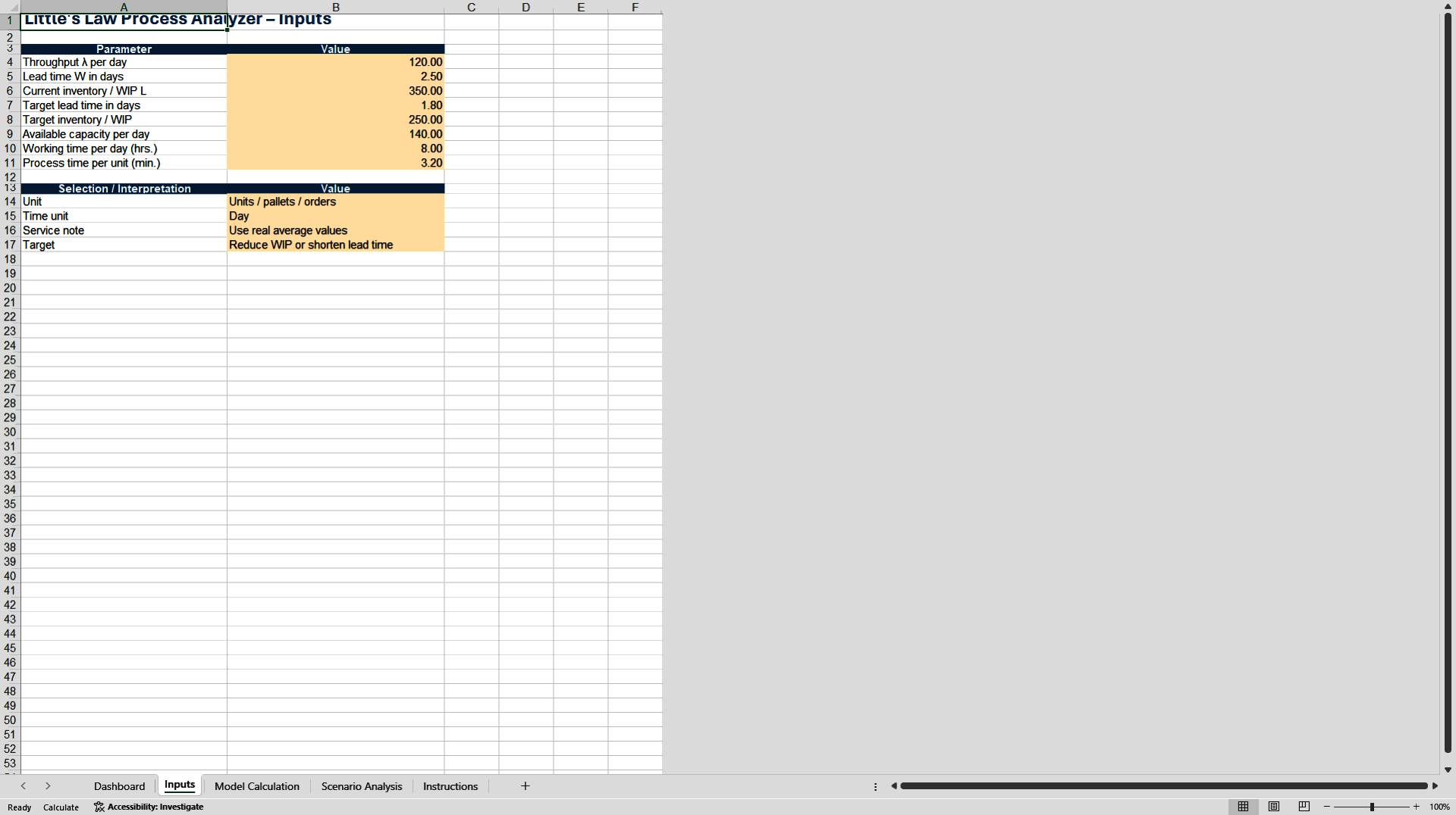 Little's Law Process Flow and WIP Analyzer (Excel template (XLSX)) Preview Image