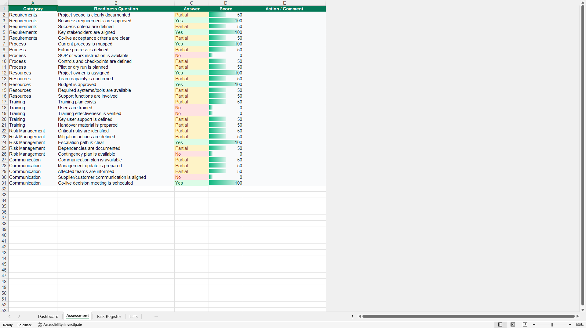 Lean Frontloading and Go Live Readiness Planner (Excel template (XLSX)) Preview Image