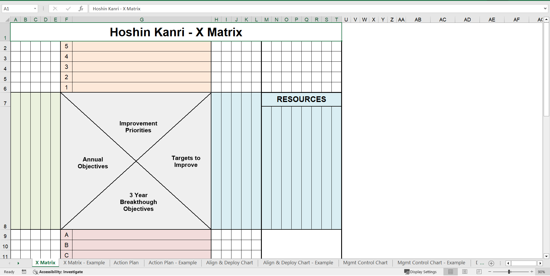 Templates for Hoshin Kanri Strategy Deployment (Excel workbook (XLSX