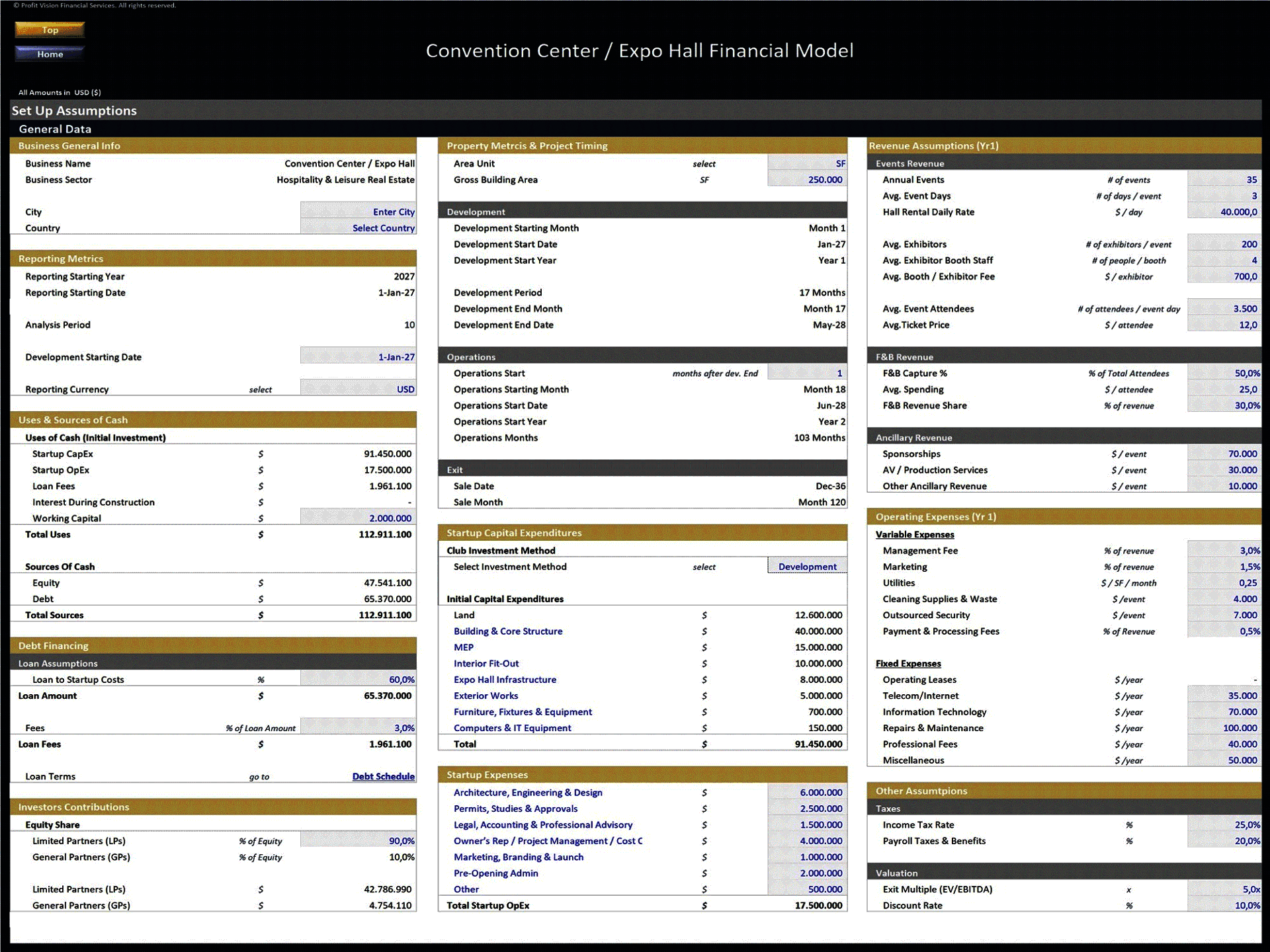 Convention Center / Expo Hall – 10 Year Financial Model (Excel template (XLSX)) Preview Image