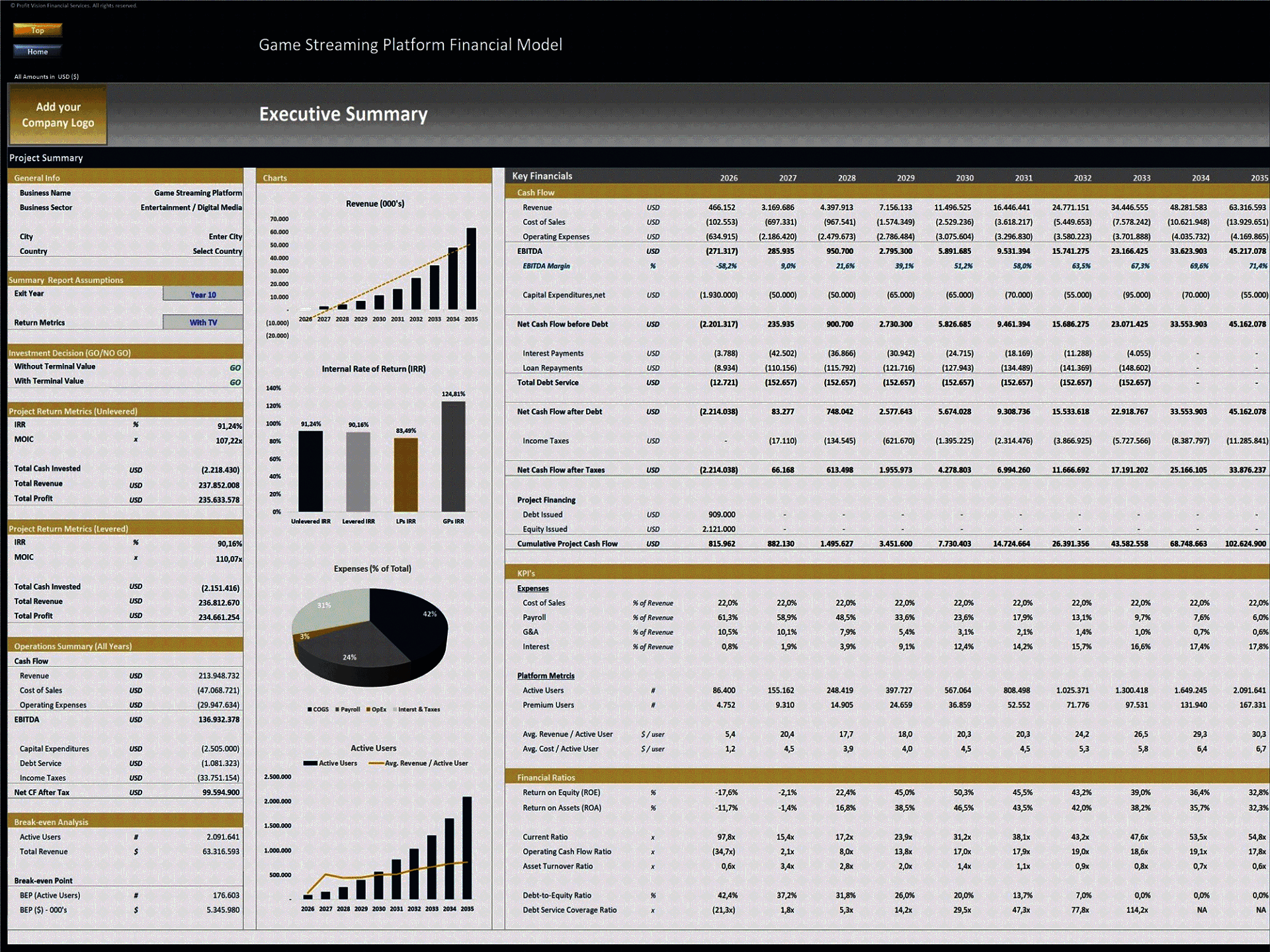 Game Streaming Platform – 10 Year Financial Model (Excel template (XLSX)) Preview Image