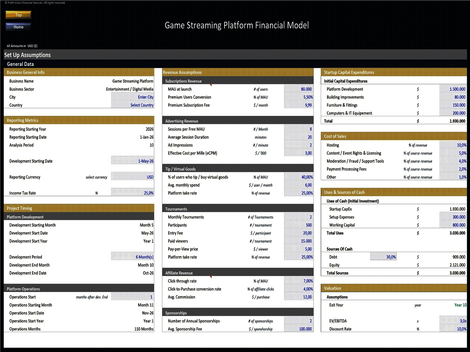 Game Streaming Platform – 10 Year Financial Model (Excel template (XLSX)) Preview Image