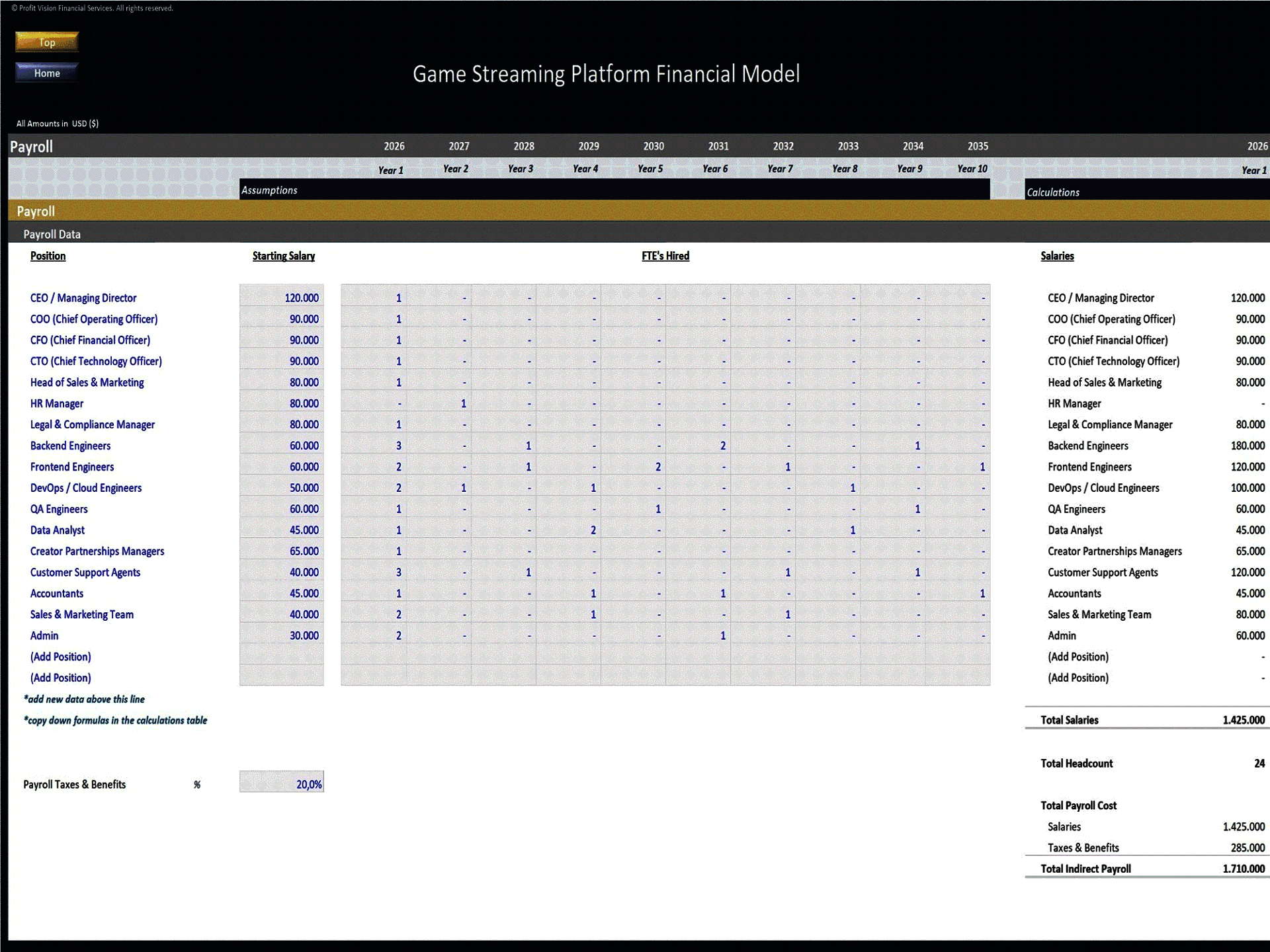 Game Streaming Platform – 10 Year Financial Model (Excel template (XLSX)) Preview Image