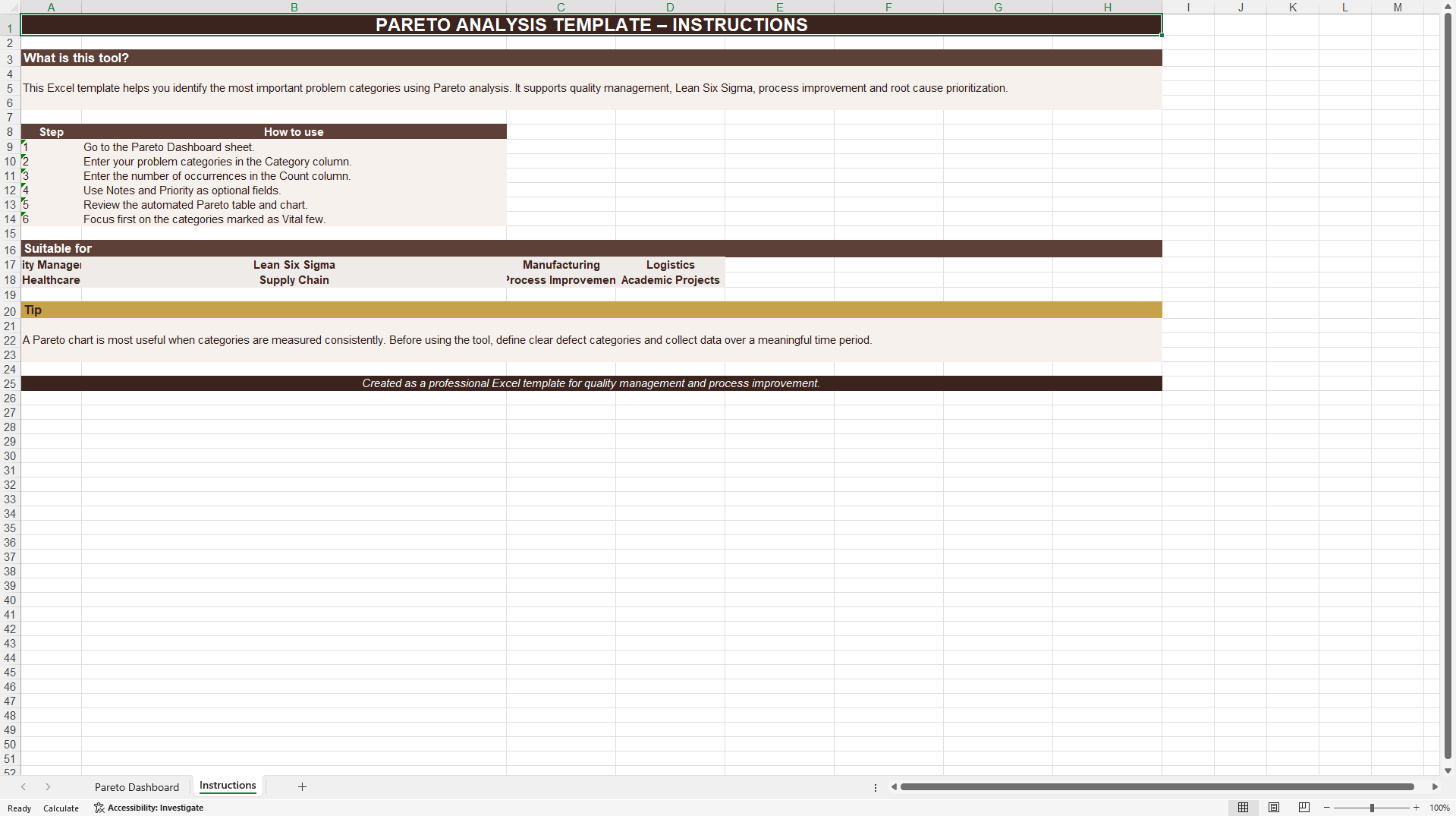 Pareto Analysis and 80/20 Rule Dashboard (Excel template (XLSX)) Preview Image