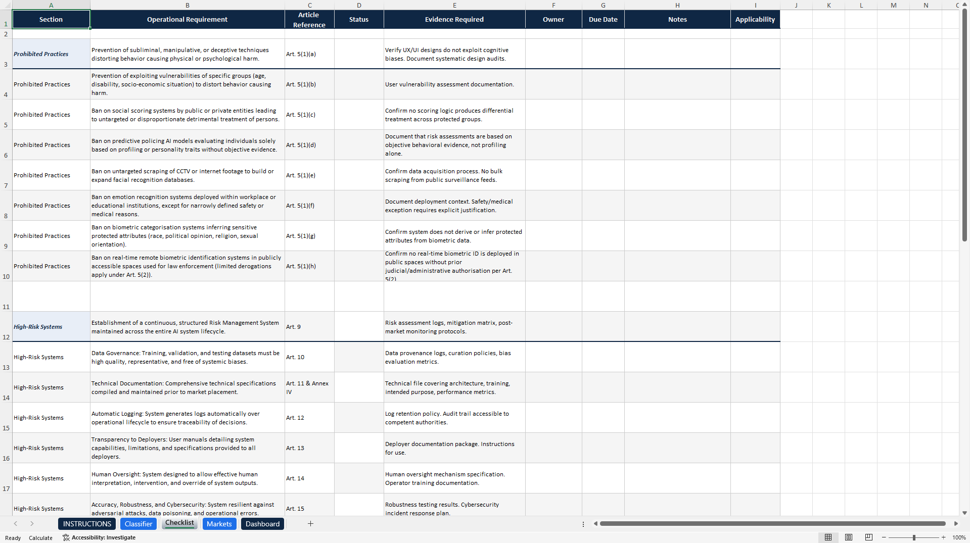 EU AI Act Compliance Pack v1.0 - Risk and Audit Toolkit (Excel template (XLSX)) Preview Image