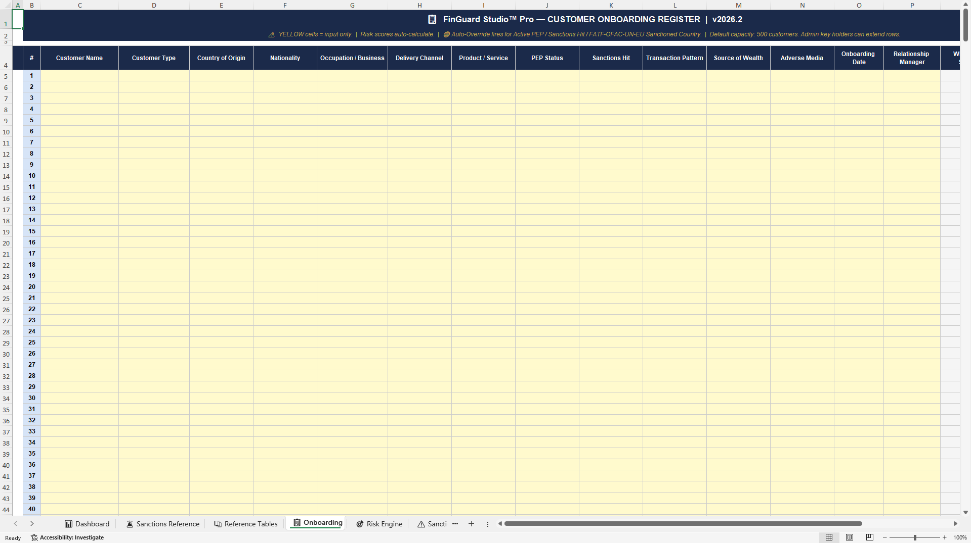 AML/KYC Customer Risk Scoring & Onboarding Engine (Excel template (XLSX)) Preview Image