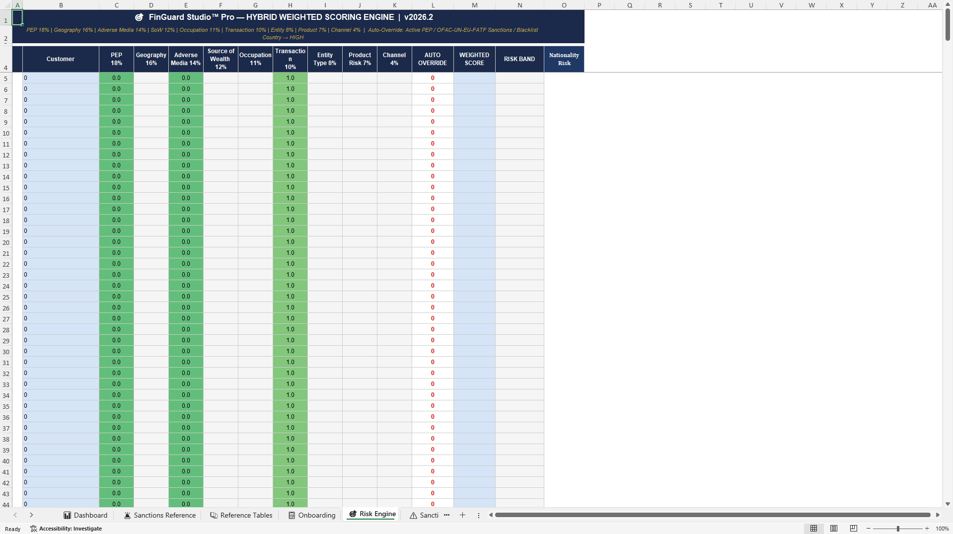 AML/KYC Customer Risk Scoring & Onboarding Engine (Excel template (XLSX)) Preview Image