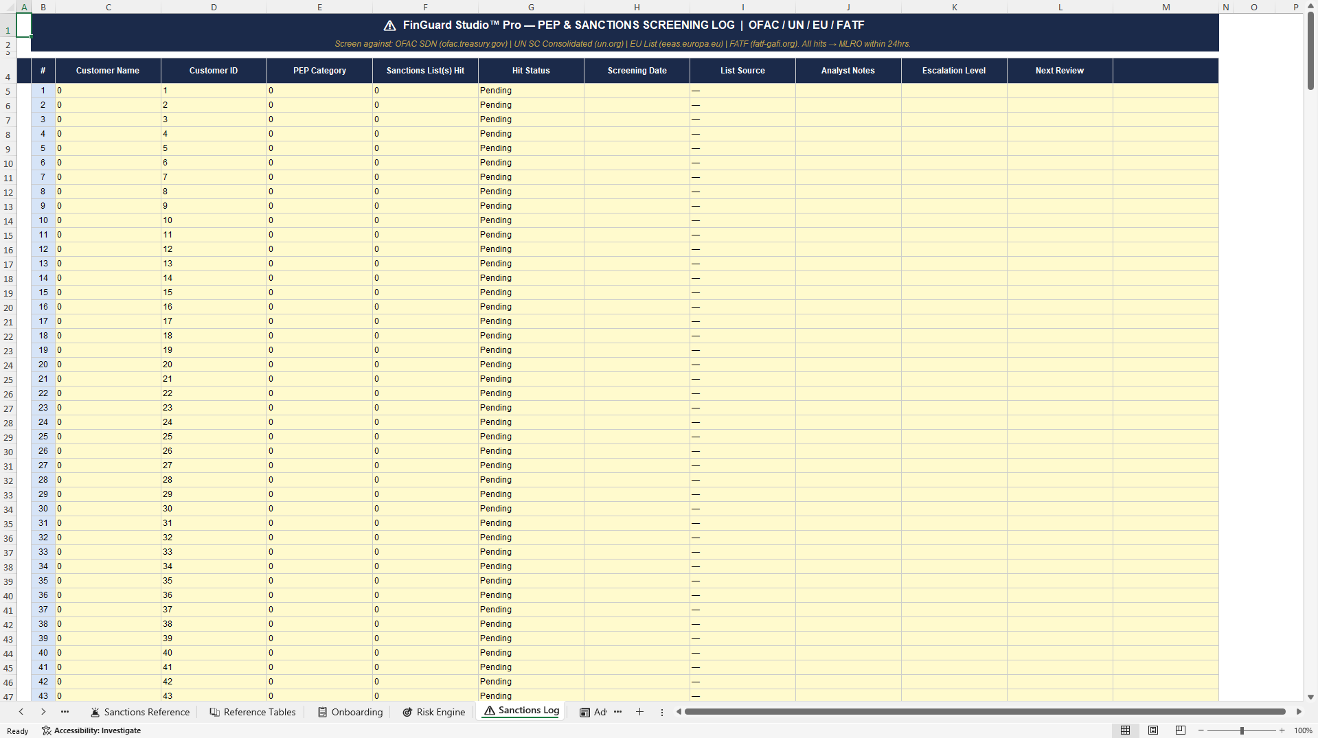 AML/KYC Customer Risk Scoring & Onboarding Engine (Excel template (XLSX)) Preview Image