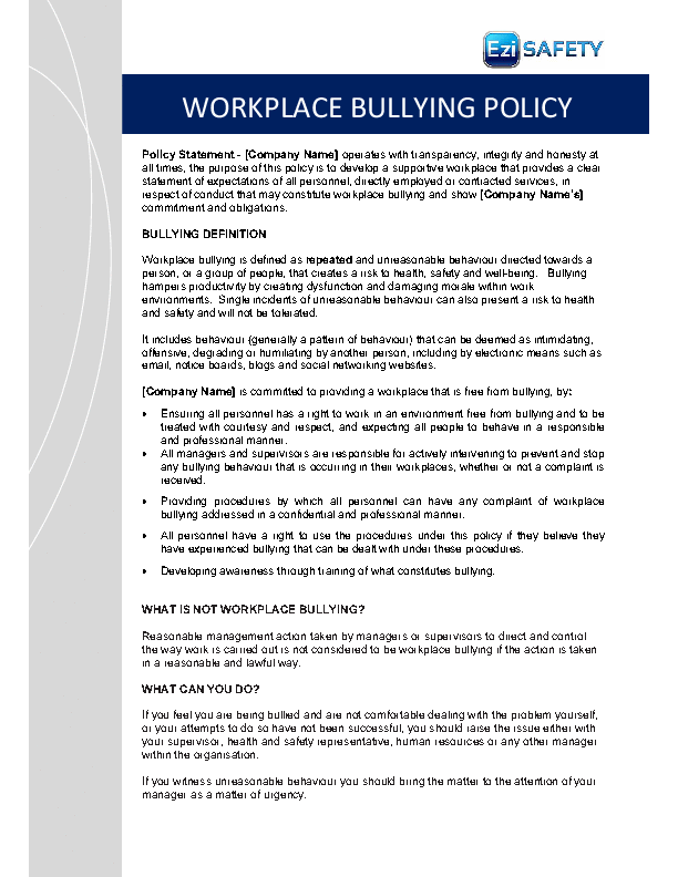 This is a partial preview of Workplace Bullying Procedure, Policy and Forms (29-page Word document). Full document is 29 pages. 