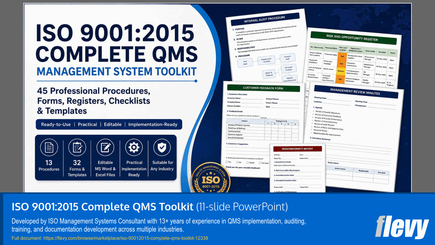 ISO 9001:2015 Complete QMS Toolkit (11-slide PPT PowerPoint presentation template (PPTX)) Preview Image