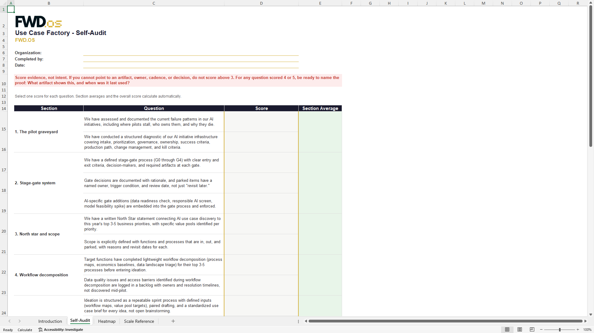 AI Use-Case Factory Self-Audit (Idea to Production) (Excel template (XLSX)) Preview Image