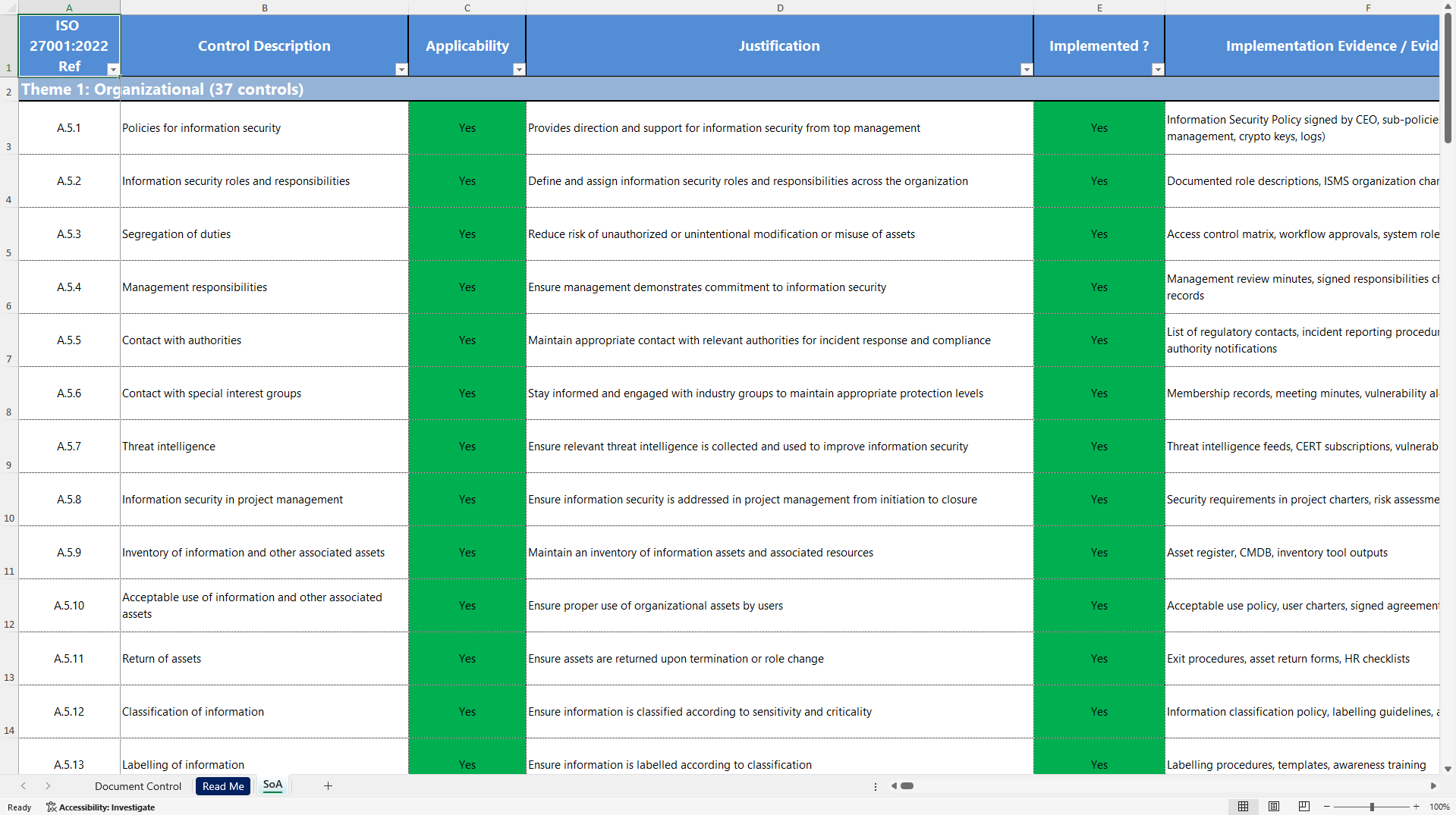 ISO 27001:2022 Statement of Applicability (SoA) (Excel template (XLSX)) Preview Image