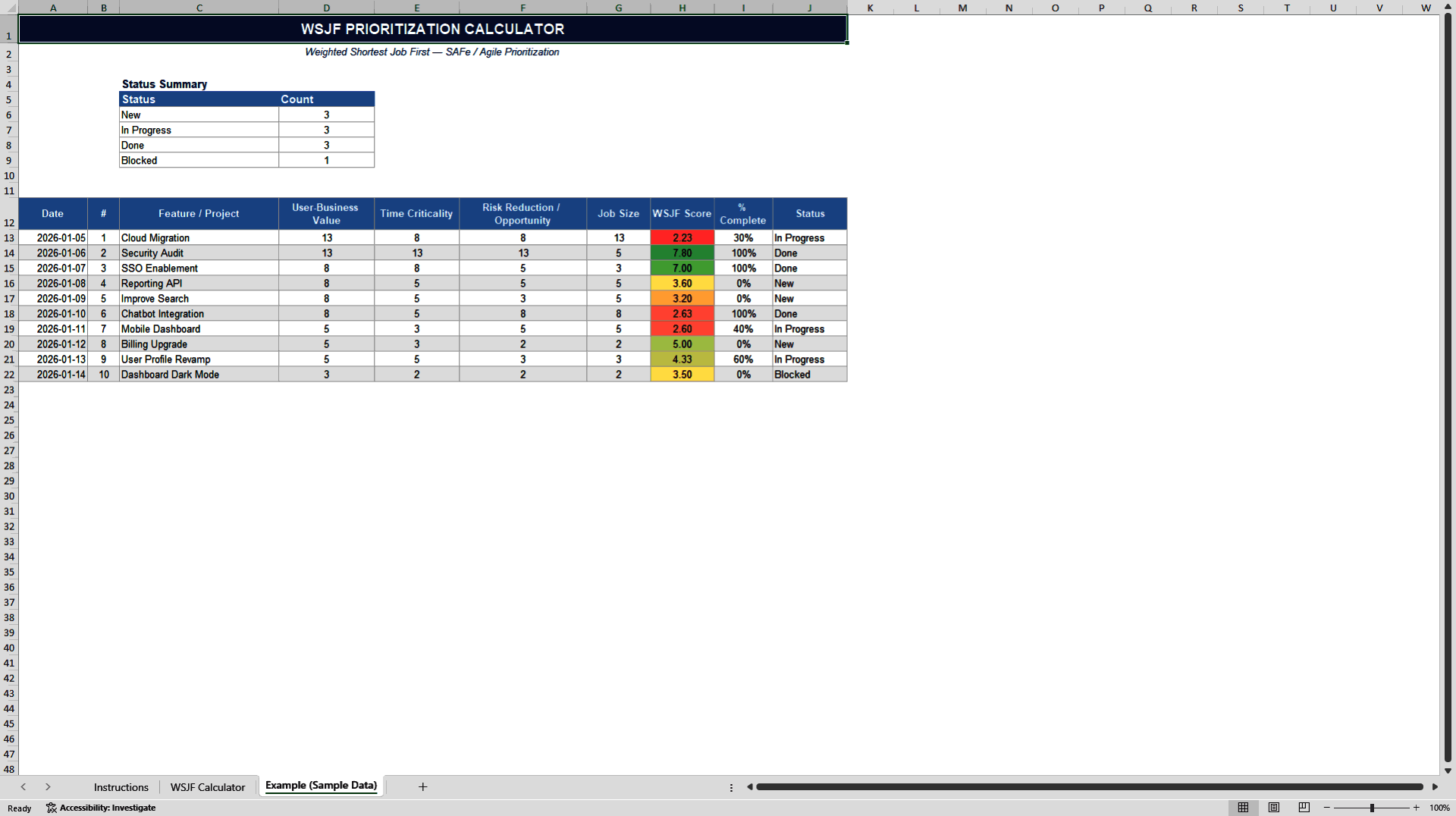 WSJF Prioritization Calculator (Bilingual EN/FR) (Excel template (XLSX)) Preview Image