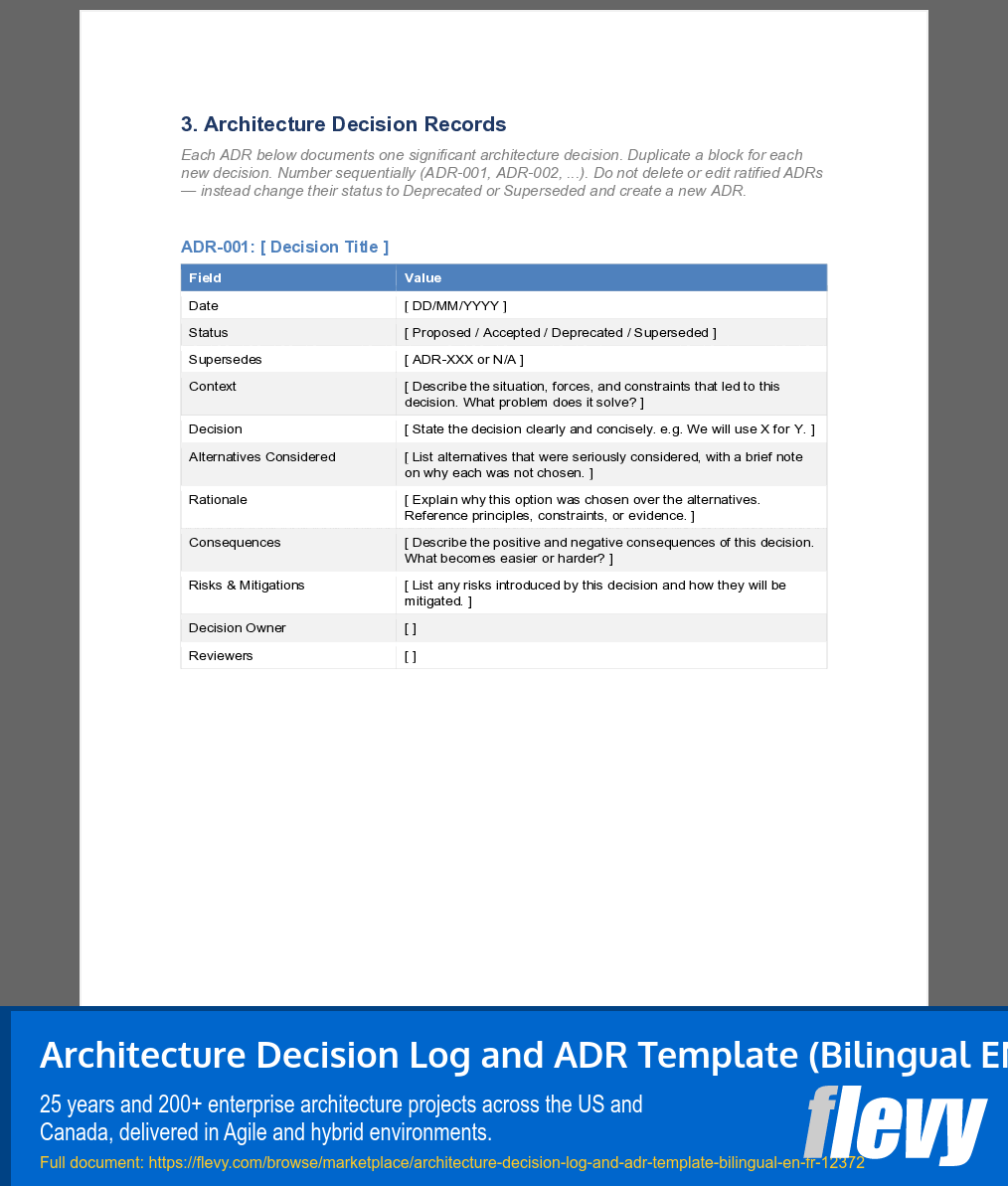 Architecture Decision Log and ADR Template (Bilingual EN/FR) (12-page Word document) Preview Image