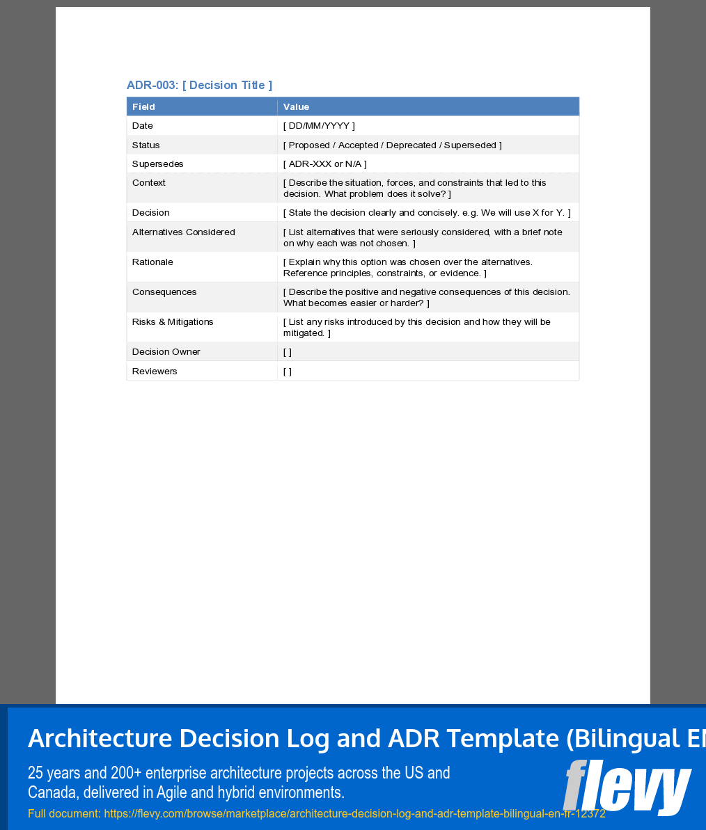 Architecture Decision Log and ADR Template (Bilingual EN/FR) (12-page Word document) Preview Image