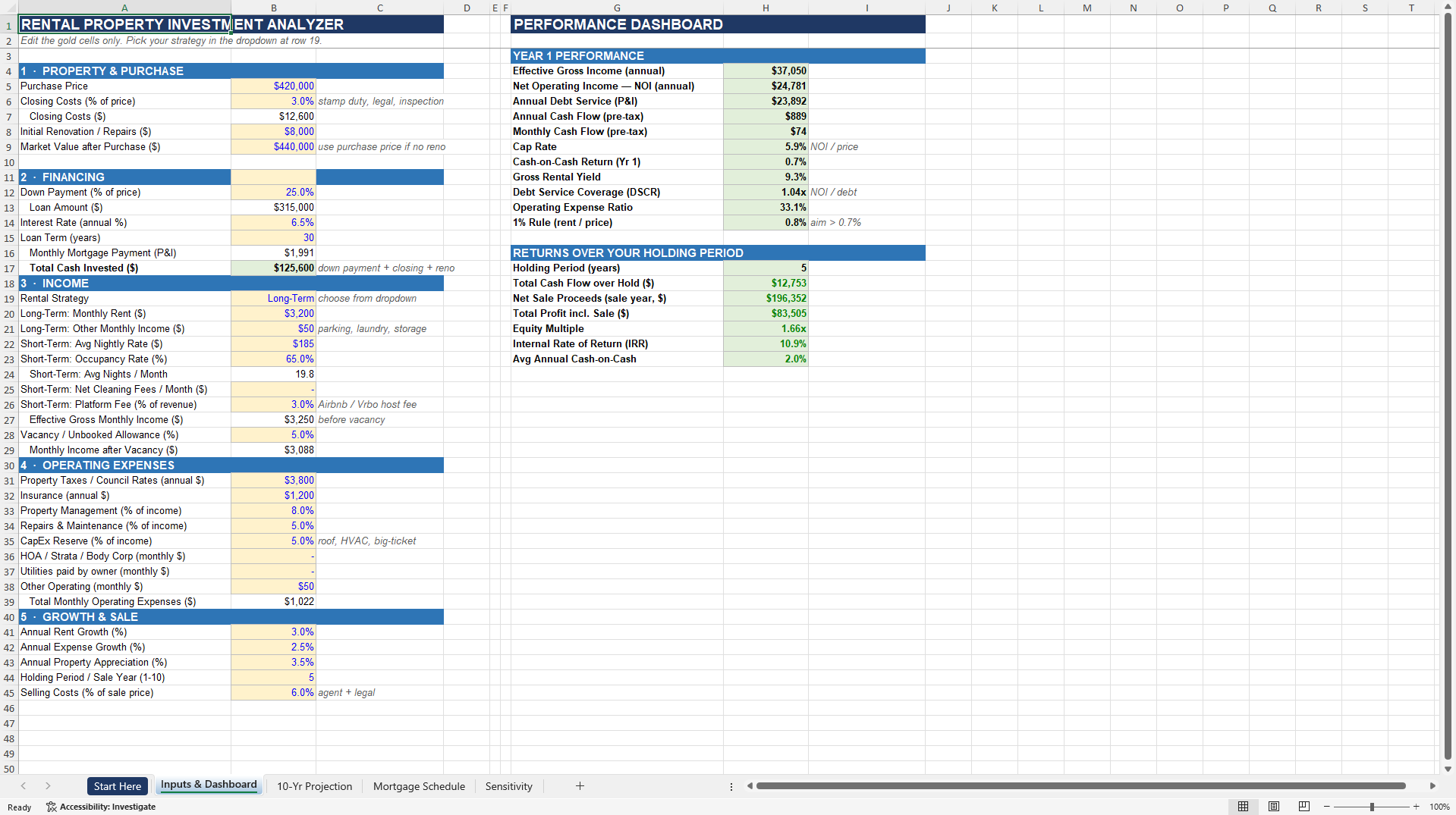 Rental Property Investment Analyzer - Long-Term & Airbnb (Excel template (XLSX)) Preview Image