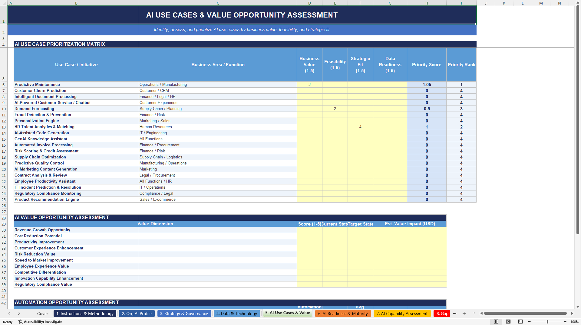 AI Implementation Assessment Excel Toolkit (Excel template (XLSX)) Preview Image