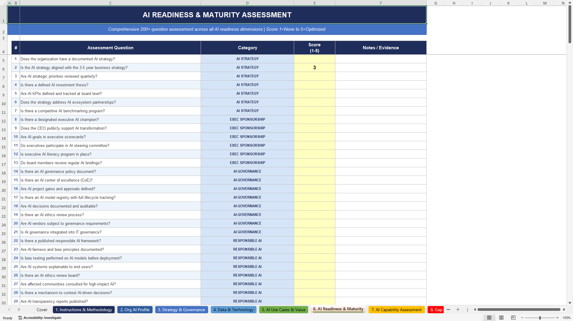 AI Implementation Assessment Excel Toolkit (Excel template (XLSX)) Preview Image