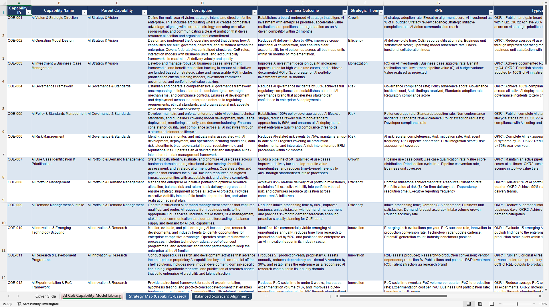 AI Center of Excellence Capabilities Library (Excel template (XLSX)) Preview Image