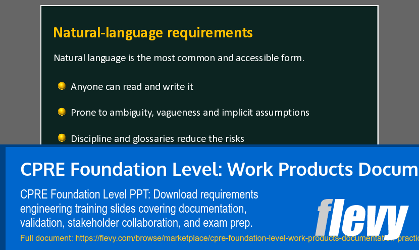 CPRE Foundation Level: Work Products Documentation Practices (36-slide PPT PowerPoint presentation template (PPTX)) Preview Image