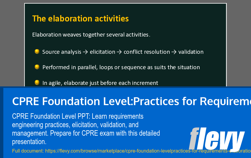 CPRE Foundation Level:Practices for Requirements Elaboration (35-slide PPT PowerPoint presentation template (PPTX)) Preview Image