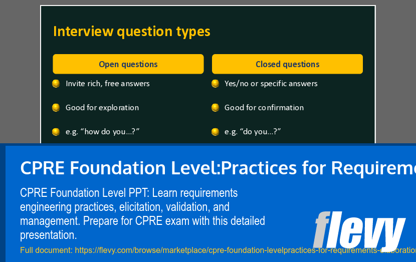 CPRE Foundation Level:Practices for Requirements Elaboration (35-slide PPT PowerPoint presentation template (PPTX)) Preview Image