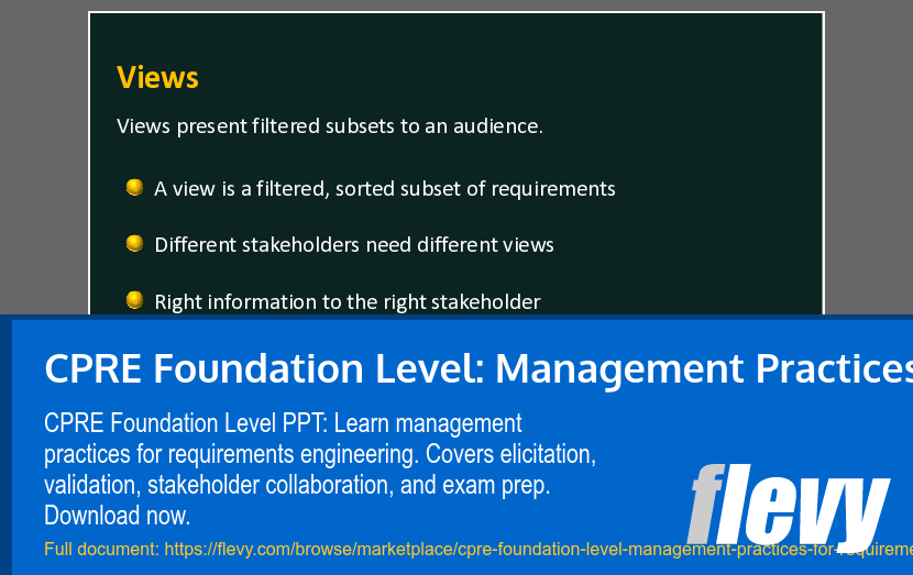 CPRE Foundation Level: Management Practices for Requirements (29-slide PPT PowerPoint presentation template (PPTX)) Preview Image
