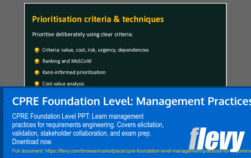 CPRE Foundation Level: Management Practices for Requirements (29-slide PPT PowerPoint presentation template (PPTX)) Preview Image