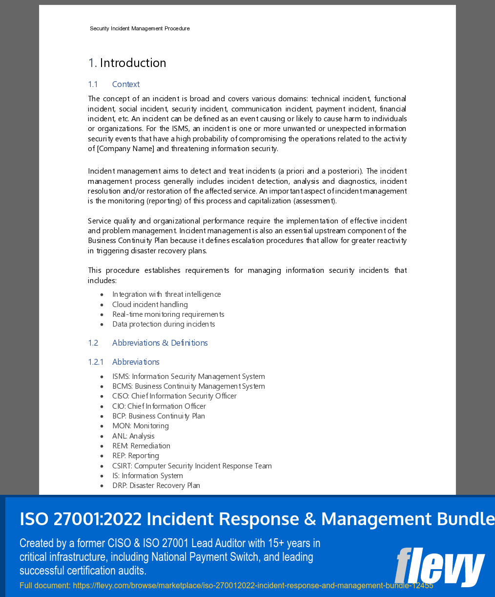 ISO 27001:2022 Incident Response & Management Bundle (30-page Word document) Preview Image