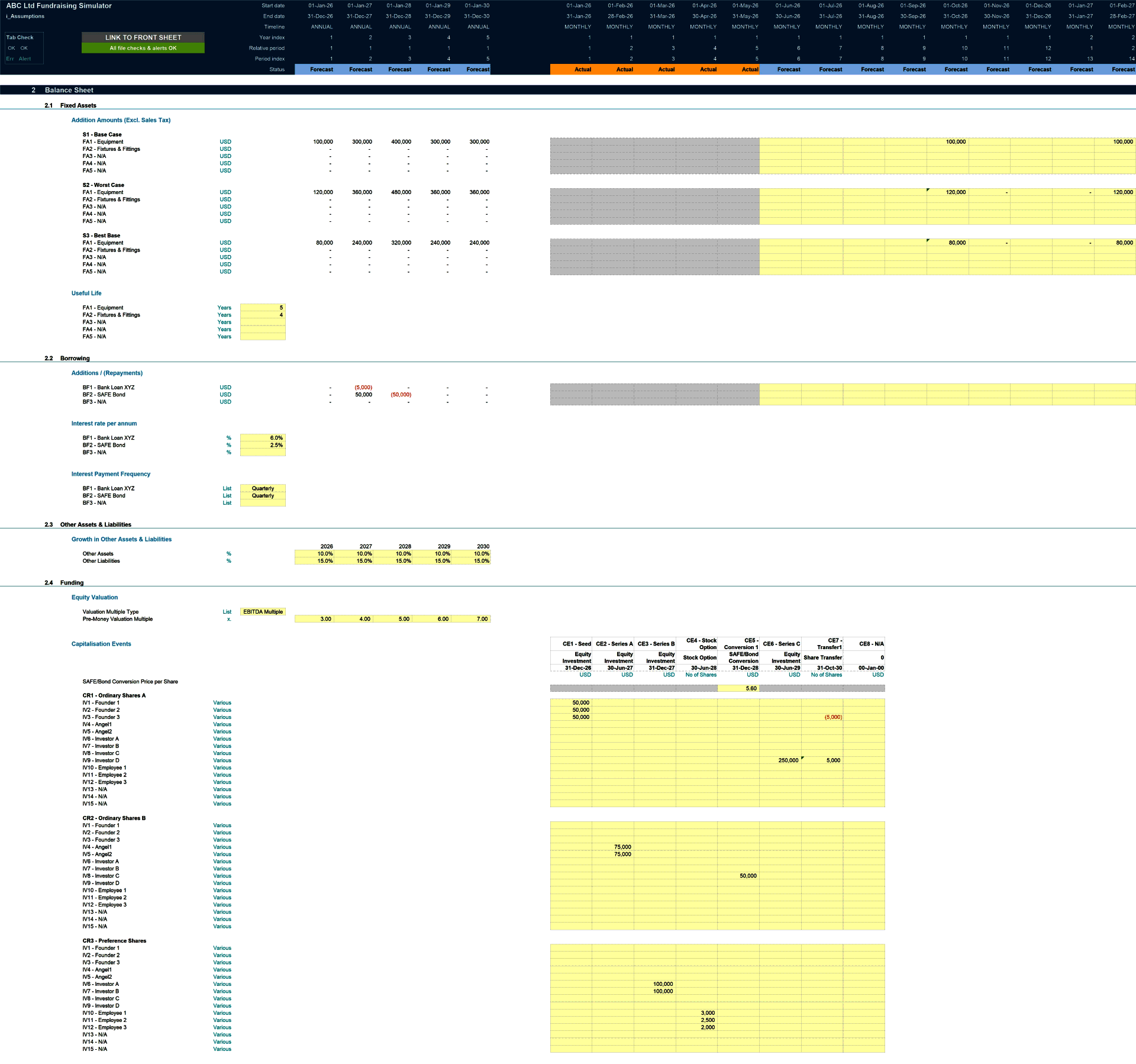 Fundraising & Dilution Scenario Analysis Financial Model (Excel template (XLSX)) Preview Image