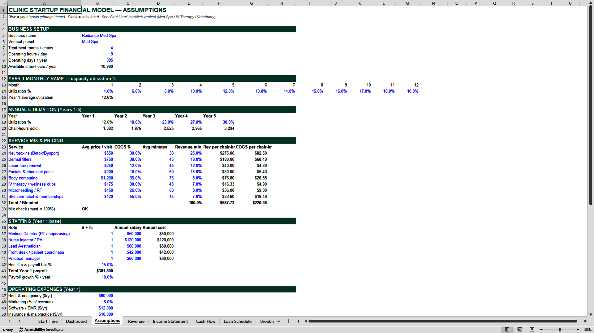 Med Spa 5-Year Financial Model and Business Plan (Excel template (XLSX)) Preview Image