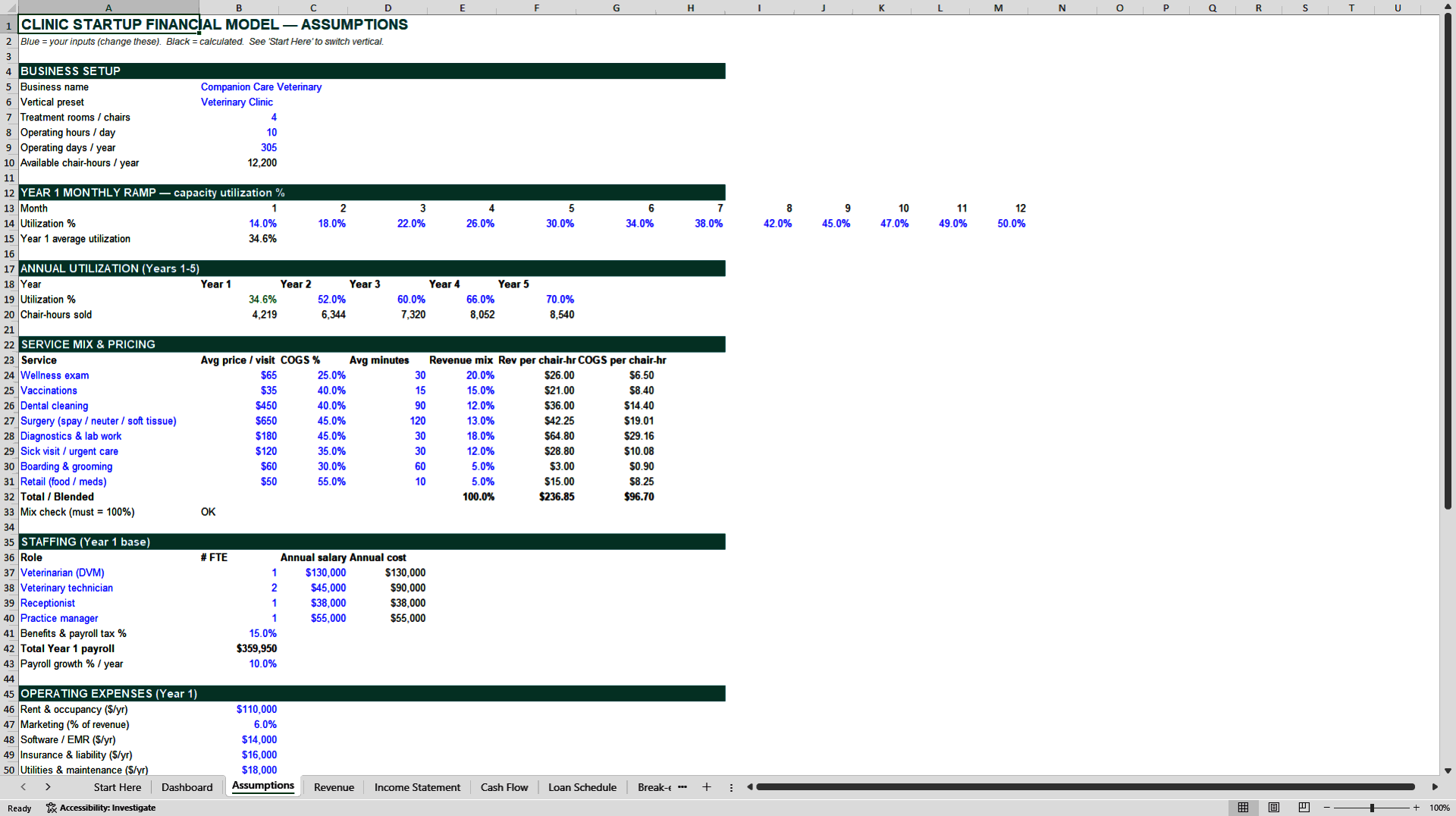 Veterinary 5-Year Financial Model and Business Plan (Excel template (XLSX)) Preview Image