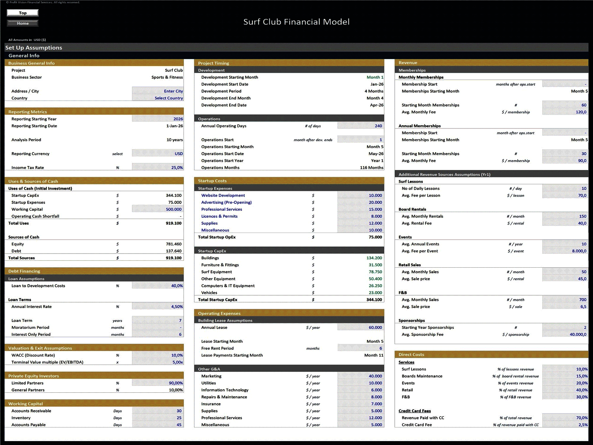 Surf Club – 10 Year Financial Model (Excel template (XLSX)) Preview Image