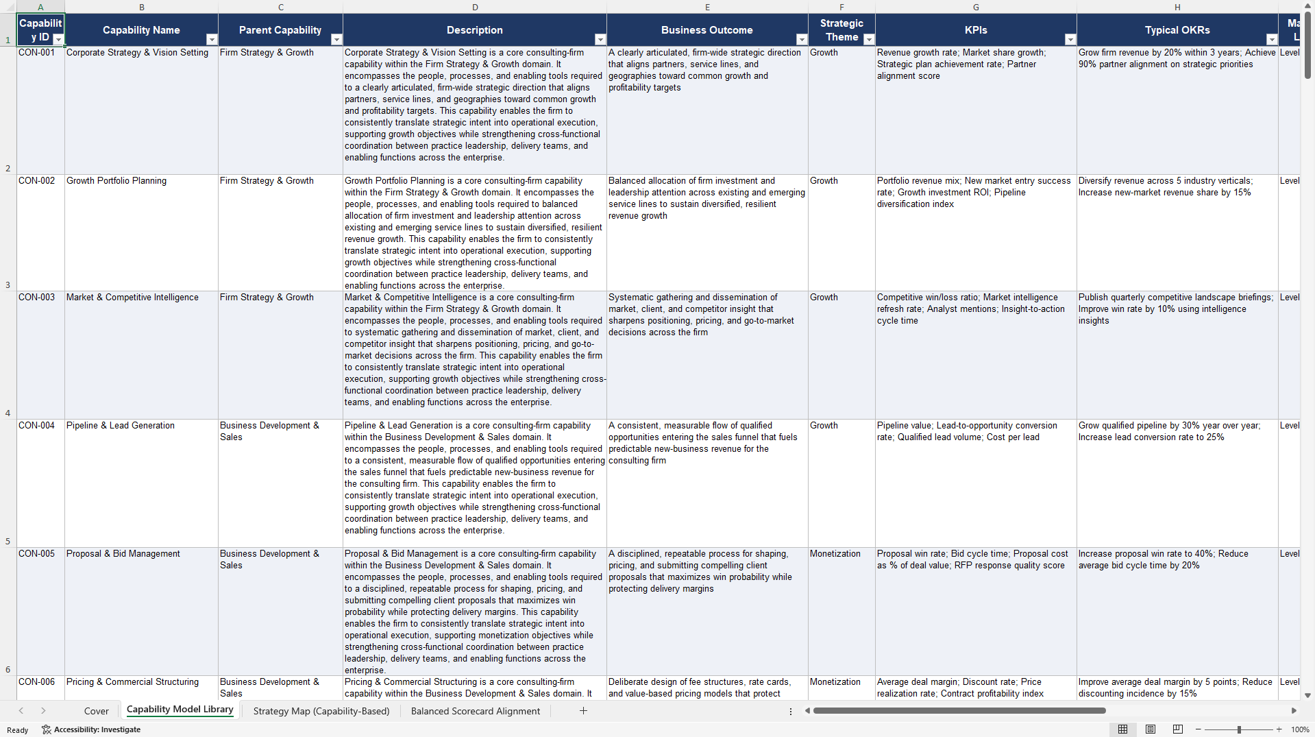 Consulting Firm Business Capabilities Library (Excel template (XLSX)) Preview Image
