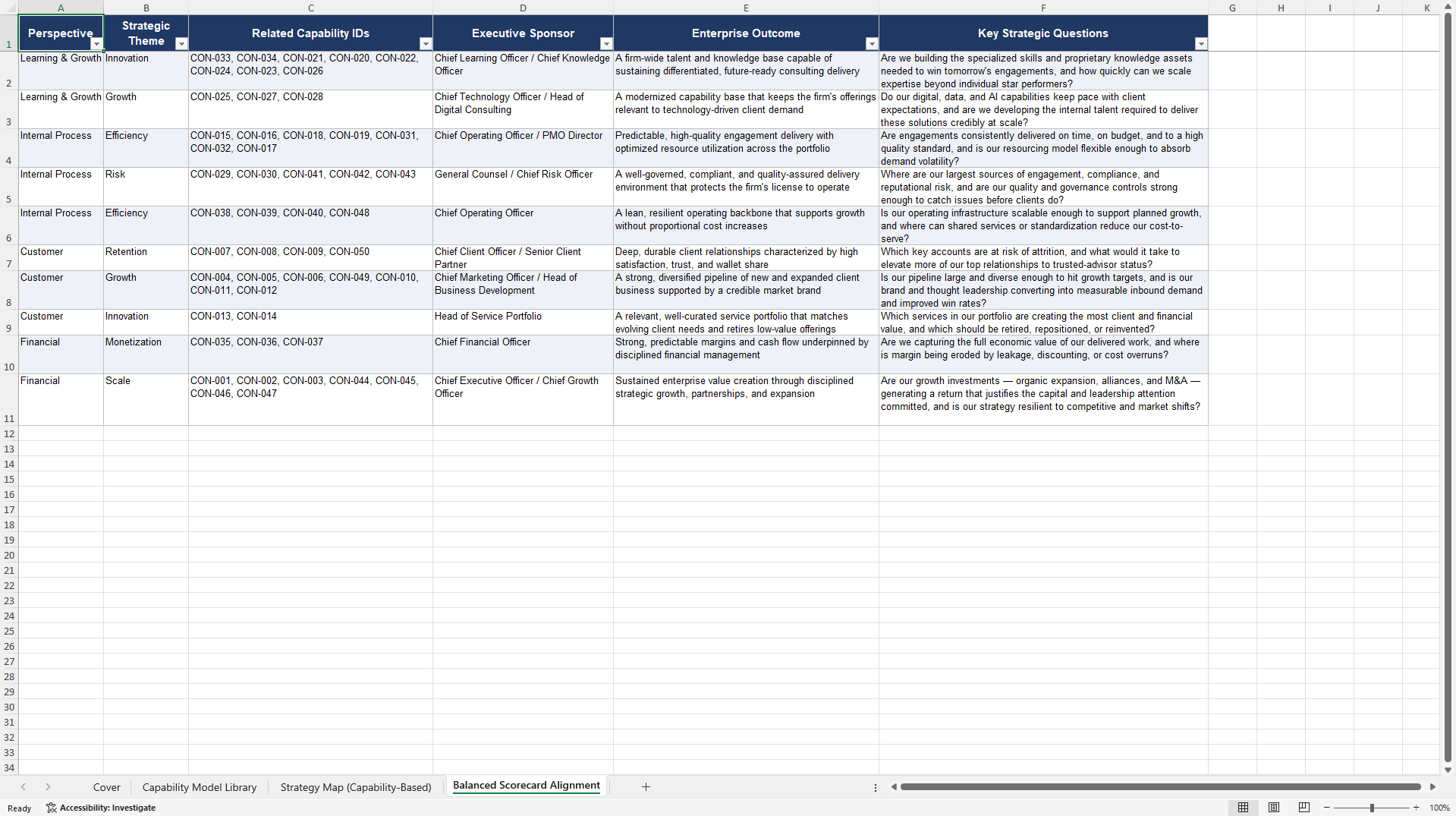 Consulting Firm Business Capabilities Library (Excel template (XLSX)) Preview Image