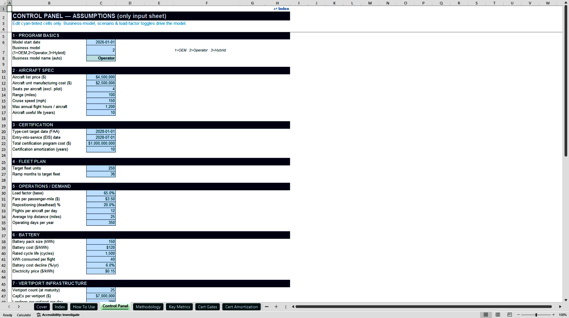eVTOL and Urban Air Mobility Financial Model (Excel template (XLSX)) Preview Image