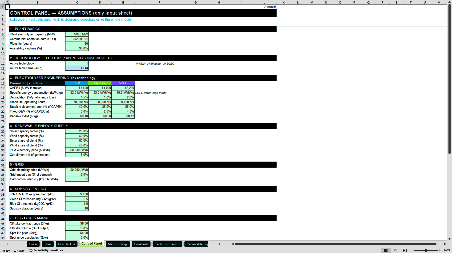 Green Hydrogen LCOH Model (Excel template (XLSX)) Preview Image