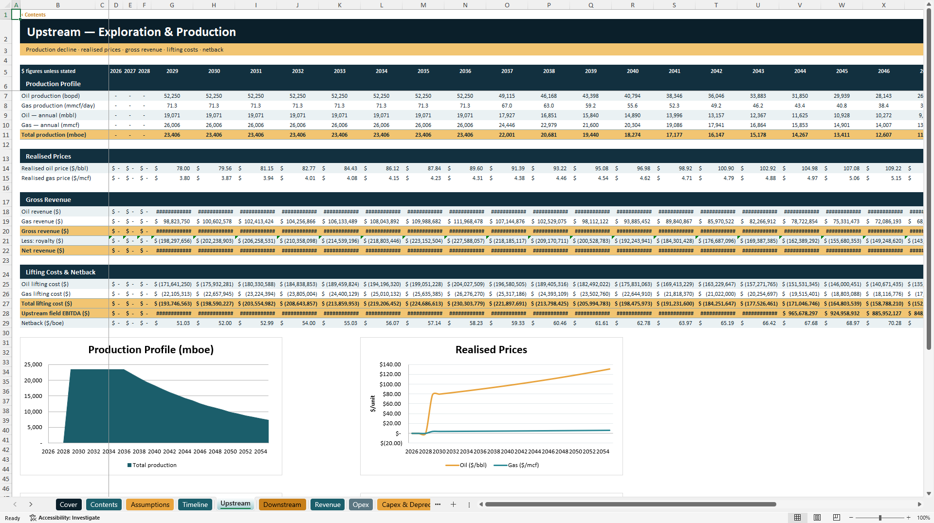 Oil & Gas Upstream and Downstream Model (Excel template (XLSX)) Preview Image