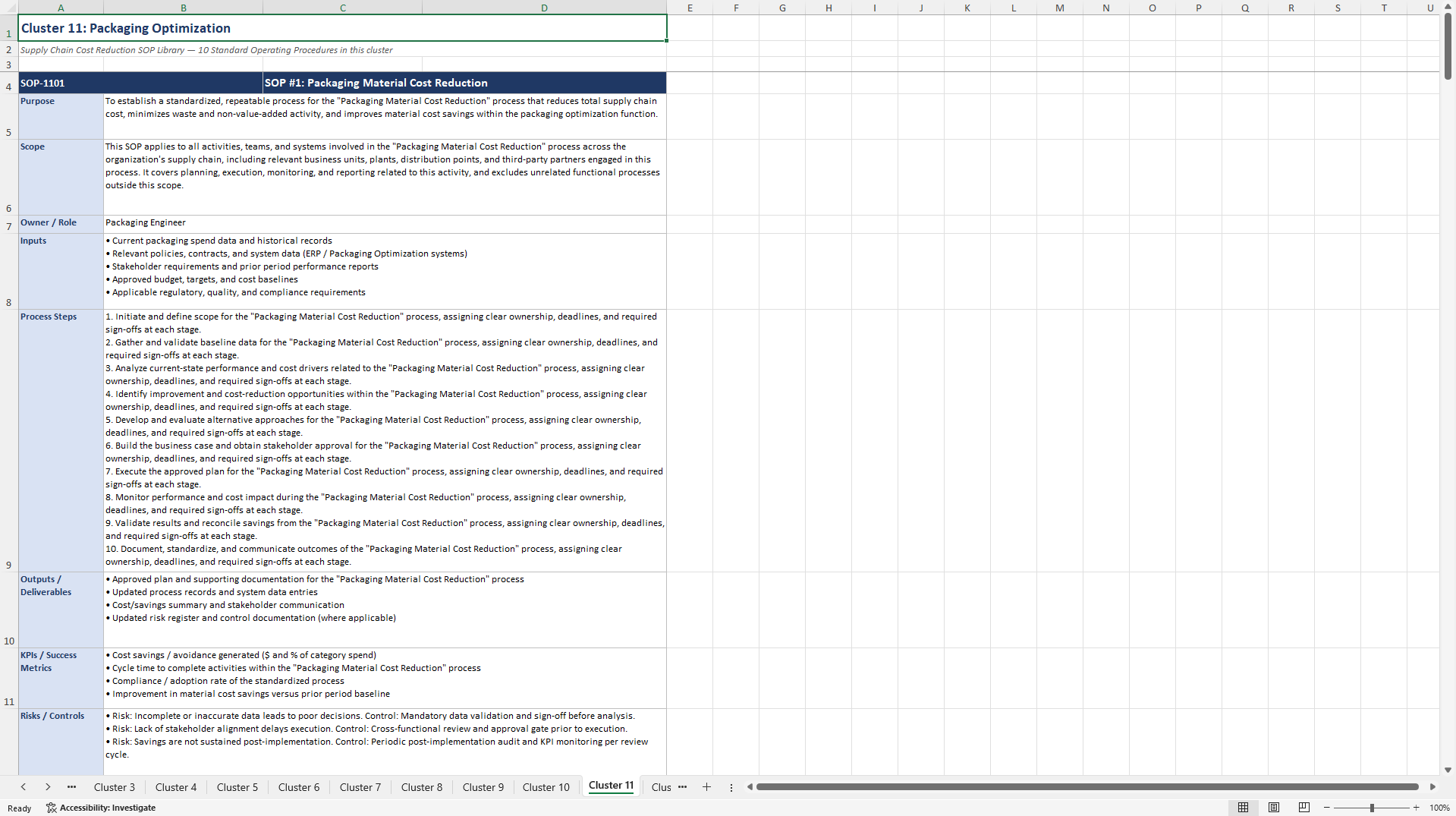100+ Supply Chain Cost Reduction SOPs (Excel template (XLSX)) Preview Image