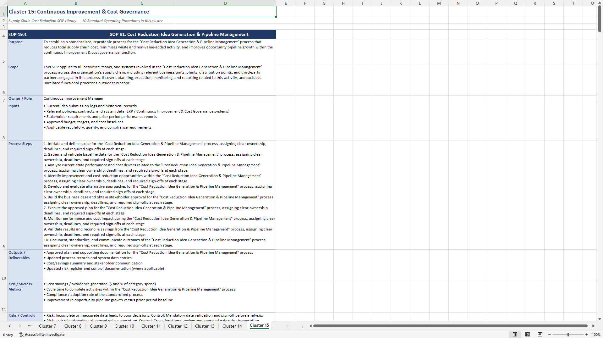 100+ Supply Chain Cost Reduction SOPs (Excel template (XLSX)) Preview Image