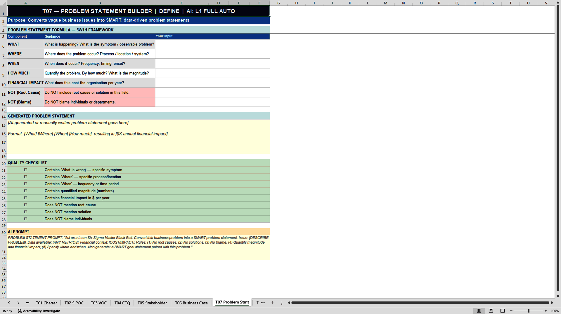 AI Lean Six Sigma Template Library & Project Toolkit (Excel template (XLSX)) Preview Image