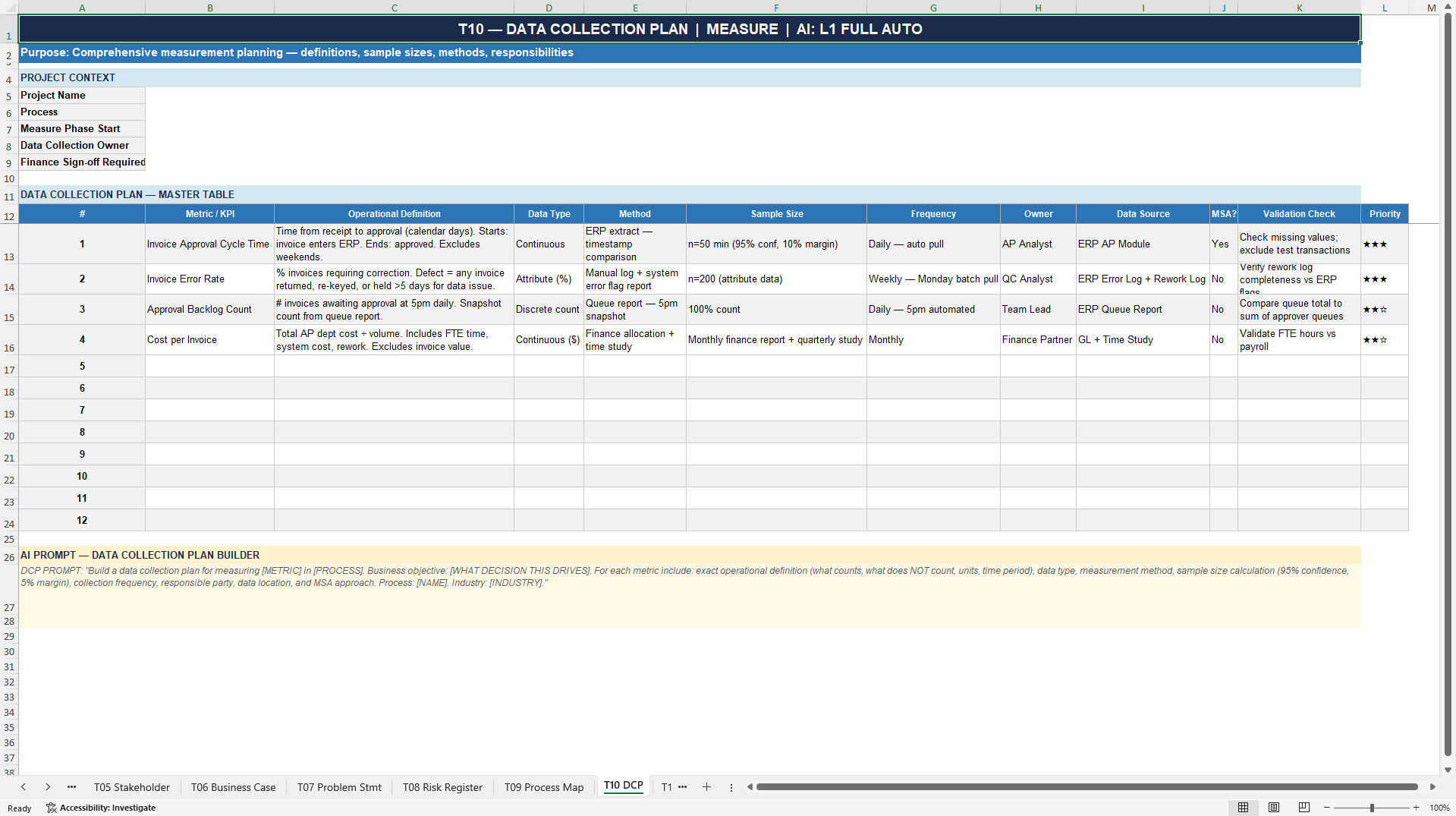 AI Lean Six Sigma Template Library & Project Toolkit (Excel template (XLSX)) Preview Image